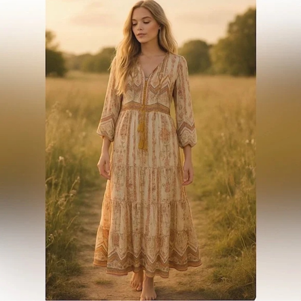 Sundance Women's Tiered Ivory Silk Earth Tone Bohemian Print Long Dress